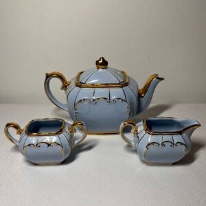 Sadler Louis Cube Teapot Cream Sugar, Blue and Gold, Made in England. Vintage